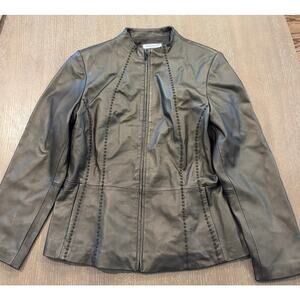 Coldwater Creek Genuine Leather Moto Jacket Brown Minimalist Women L Full Zip